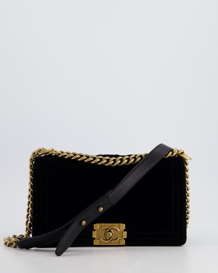 *HOT* Top Quality Chanel Black Velvet Chevron Medium Boy Bag with CC Logo and Antique Gold Hardware
