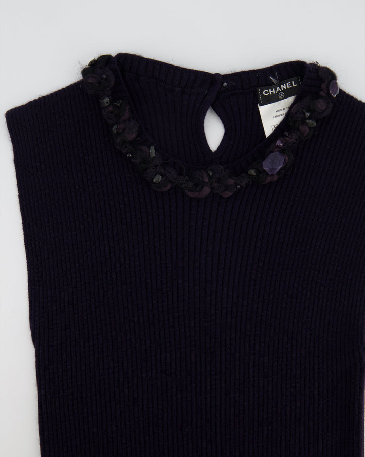 Top Quality Chanel Purple Cashmere Silk Blend Sleeveless Top with Stone-Embellished Collar Size FR 40 (UK 12)