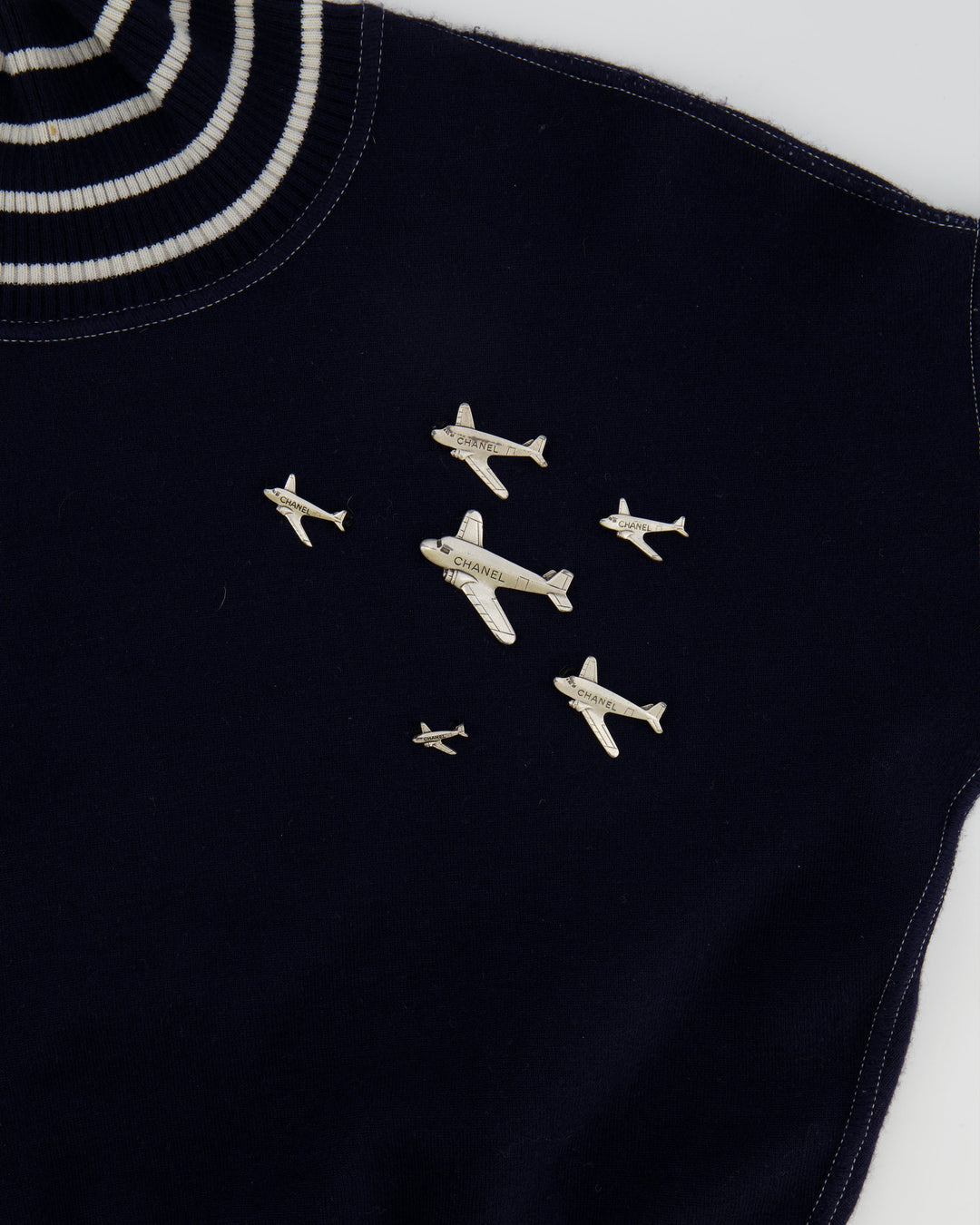 *HOT* Top Quality Chanel Airline Collection Navy Cashmere Jumper and Mini Skirt Set with Silver Logo Airplane Appliqu√©s Size FR 38 (UK 10)