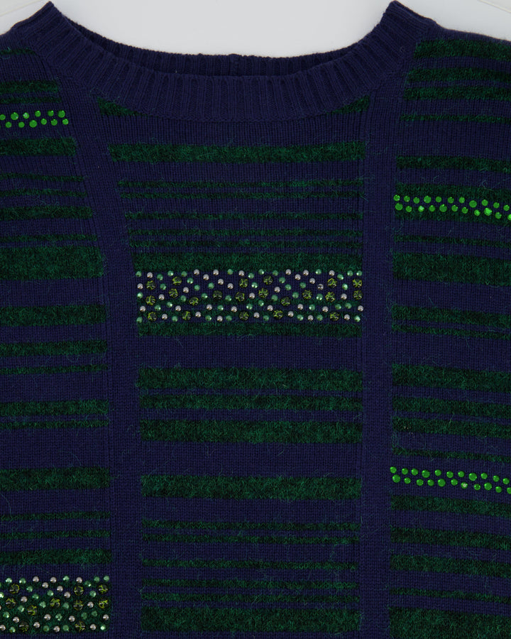 Top Quality Chanel Navy Cashmere Long-Sleeve Jumper with Green Sequin Embellishments Size FR 36 (UK 8)