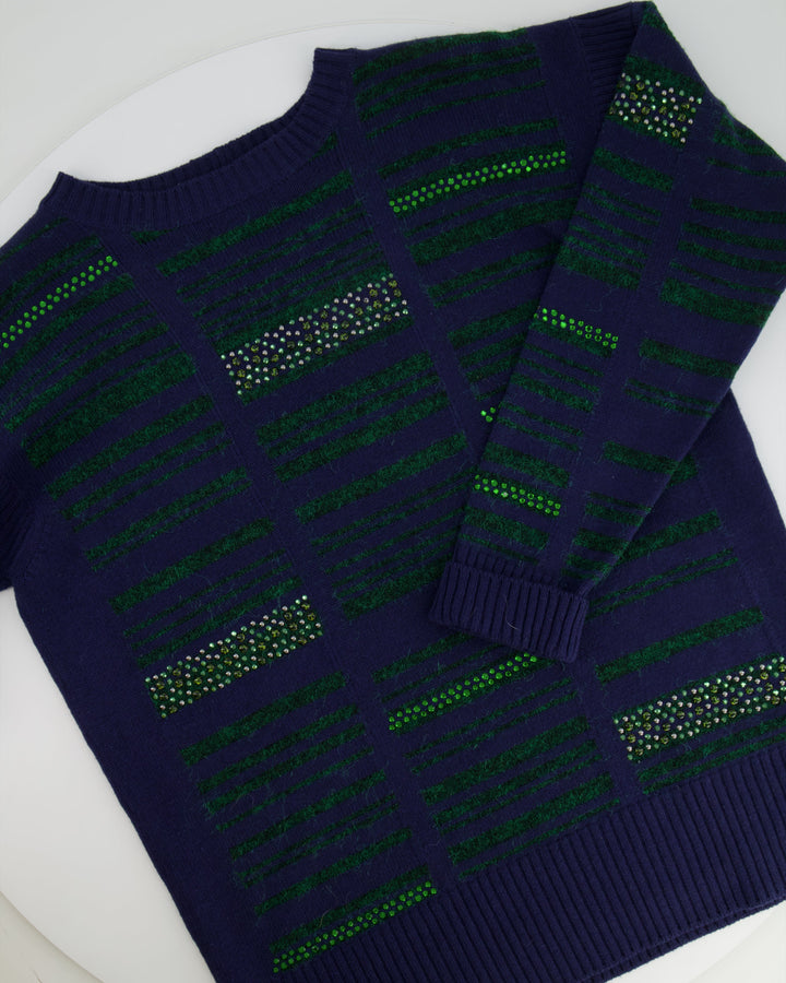 Top Quality Chanel Navy Cashmere Long-Sleeve Jumper with Green Sequin Embellishments Size FR 36 (UK 8)
