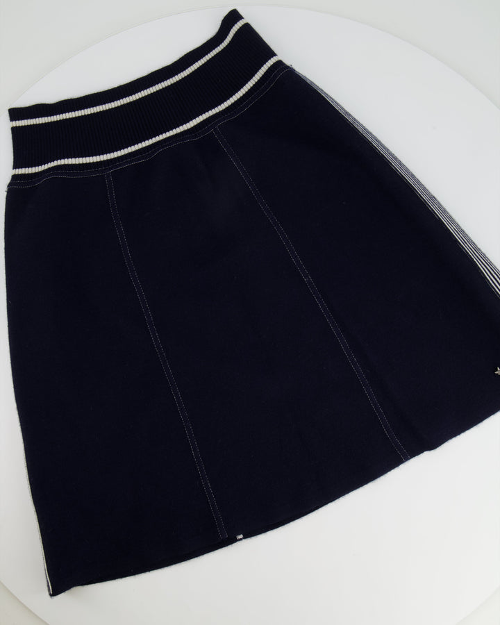 *HOT* Top Quality Chanel Airline Collection Navy Cashmere Jumper and Mini Skirt Set with Silver Logo Airplane Appliqu√©s Size FR 38 (UK 10)