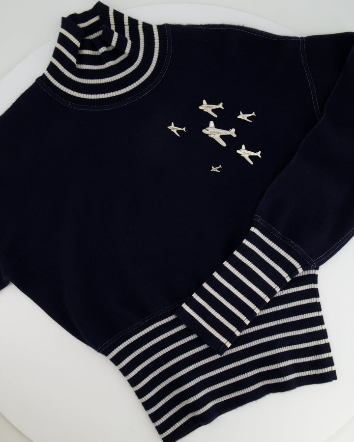 *HOT* Chanel Airline Collection Navy Cashmere Jumper and Mini Skirt Set with Silver Logo Airplane Appliqu√©s Size FR 38 (UK 10)