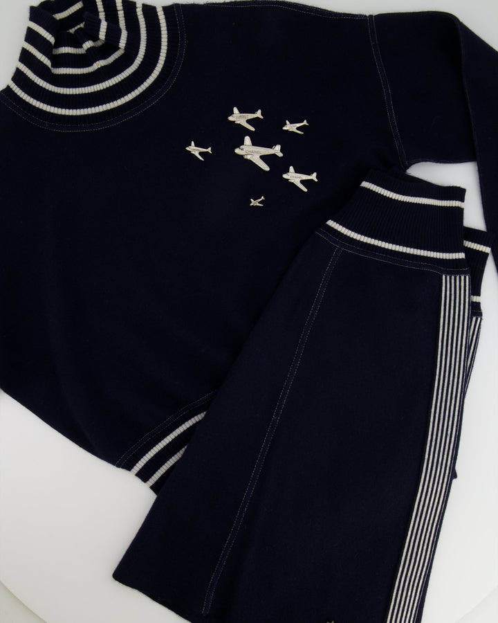 *HOT* Chanel Airline Collection Navy Cashmere Jumper and Mini Skirt Set with Silver Logo Airplane Appliqu√©s Size FR 38 (UK 10)