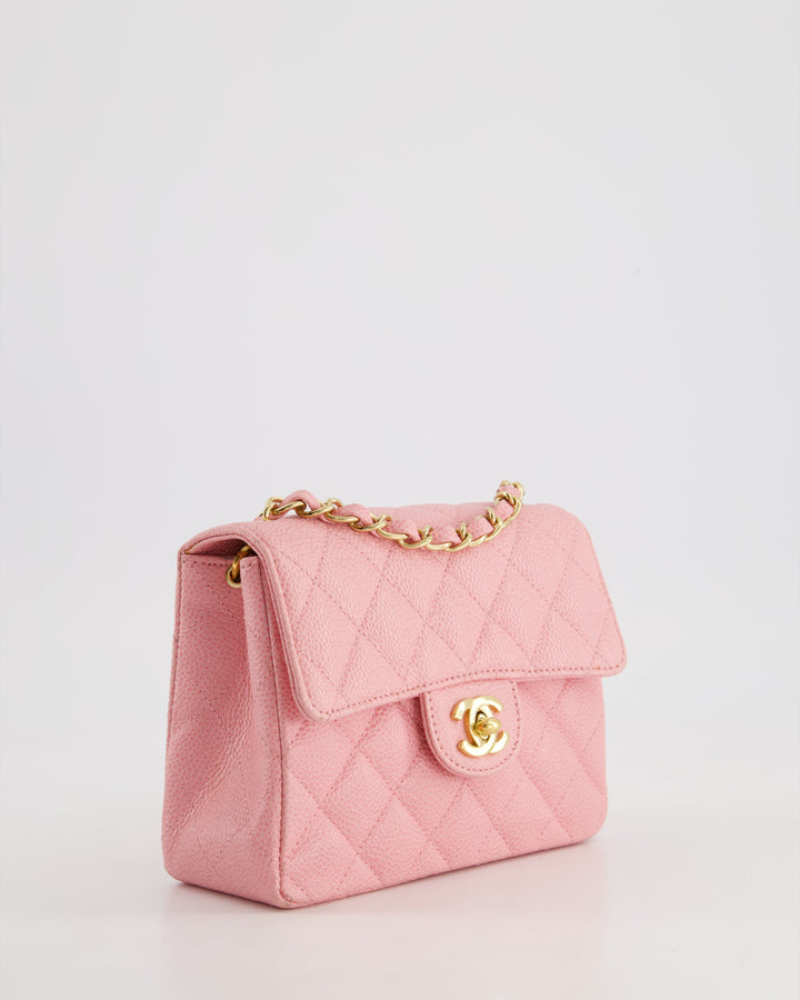 *RARE* Top Quality Chanel Pink Mini Square Flap Bag in Caviar Leather with 24K Gold Plated Hardware