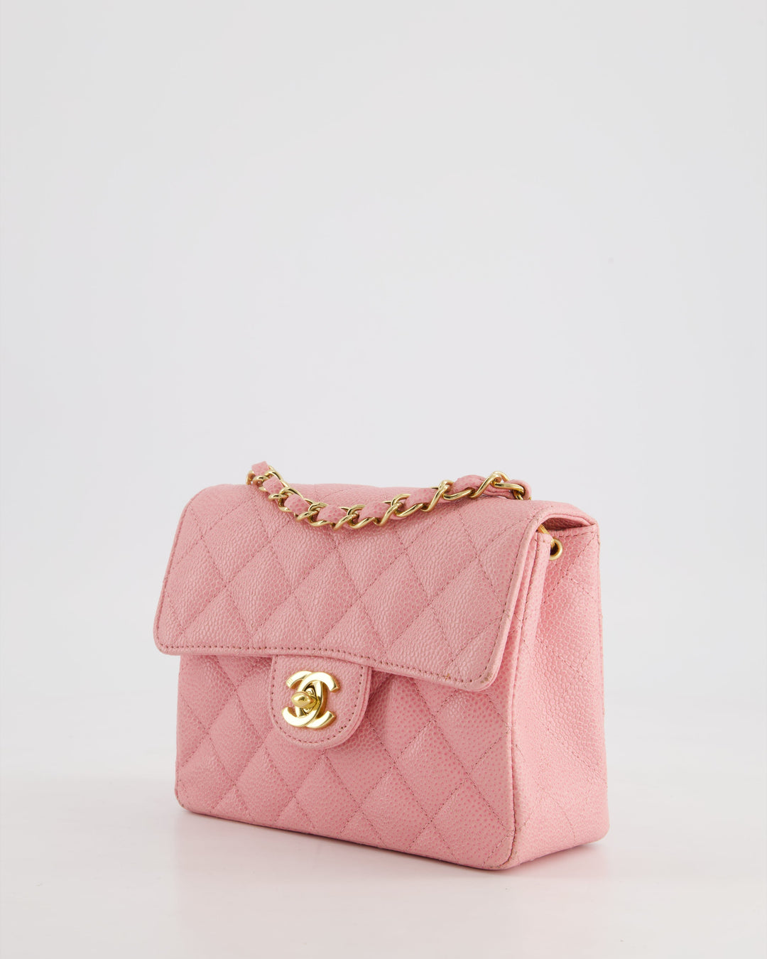 *RARE* Chanel Pink Mini Square Flap Bag in Caviar Leather with 24K Gold Plated Hardware