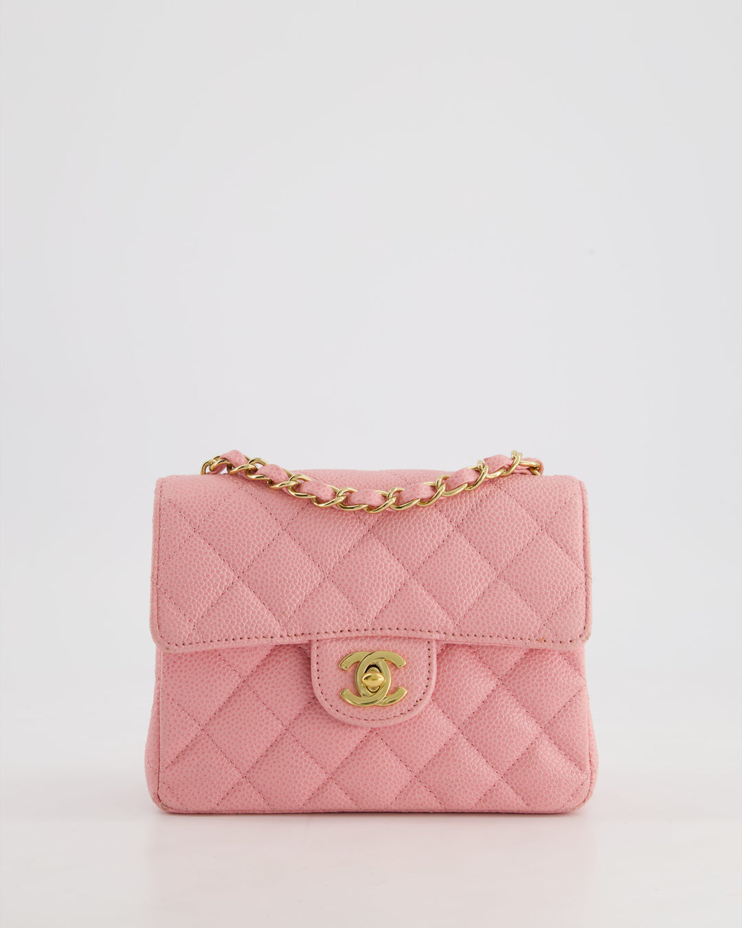 *RARE* Chanel Pink Mini Square Flap Bag in Caviar Leather with 24K Gold Plated Hardware