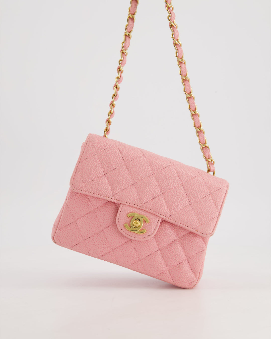 *RARE* Top Quality Chanel Pink Mini Square Flap Bag in Caviar Leather with 24K Gold Plated Hardware