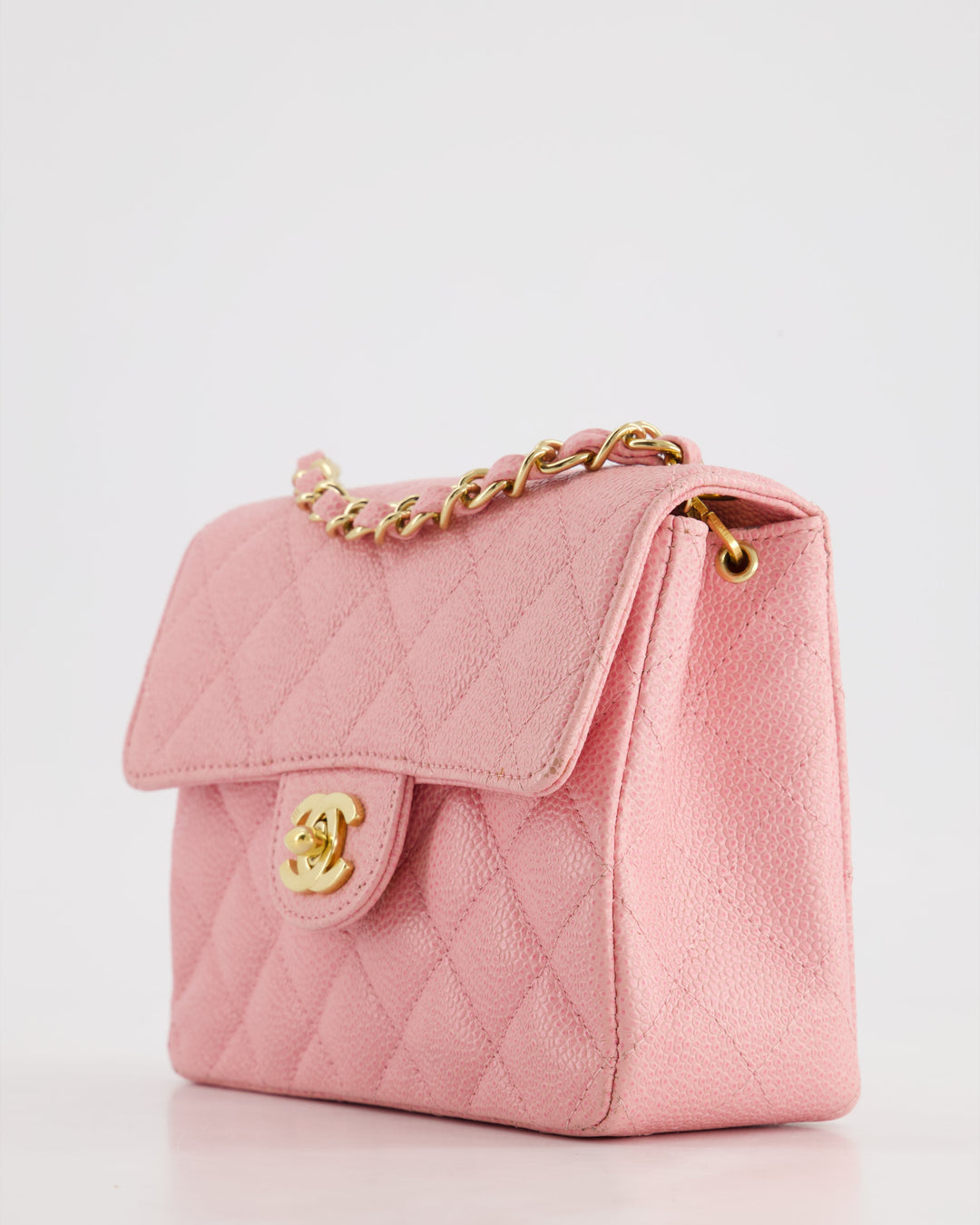 *RARE* Top Quality Chanel Pink Mini Square Flap Bag in Caviar Leather with 24K Gold Plated Hardware