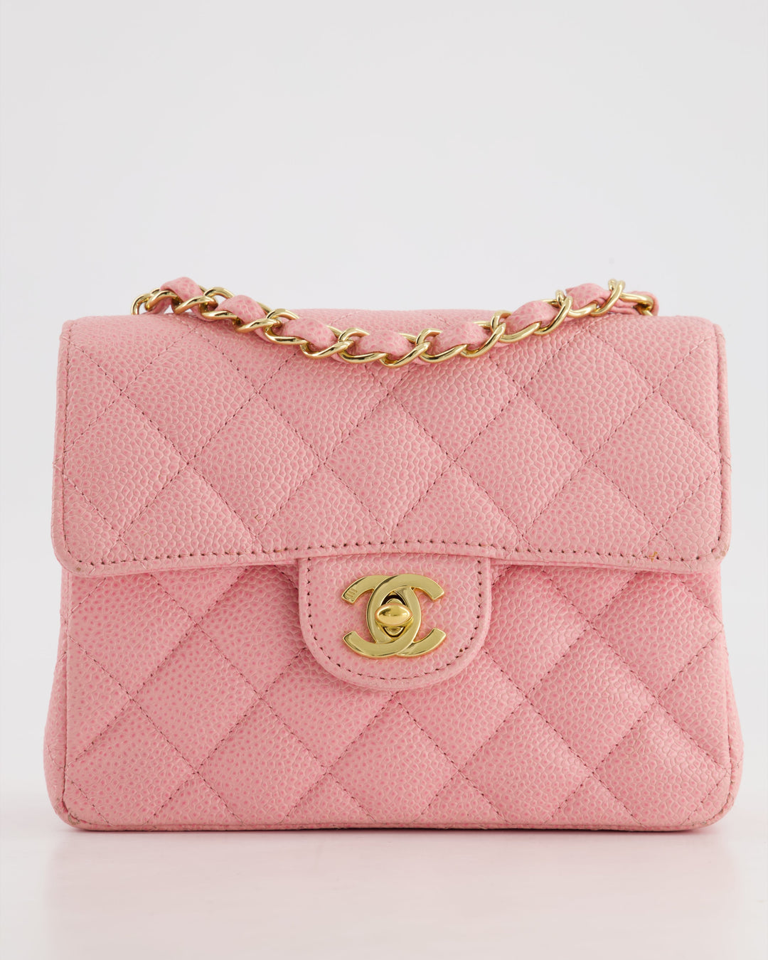 *RARE* Top Quality Chanel Pink Mini Square Flap Bag in Caviar Leather with 24K Gold Plated Hardware