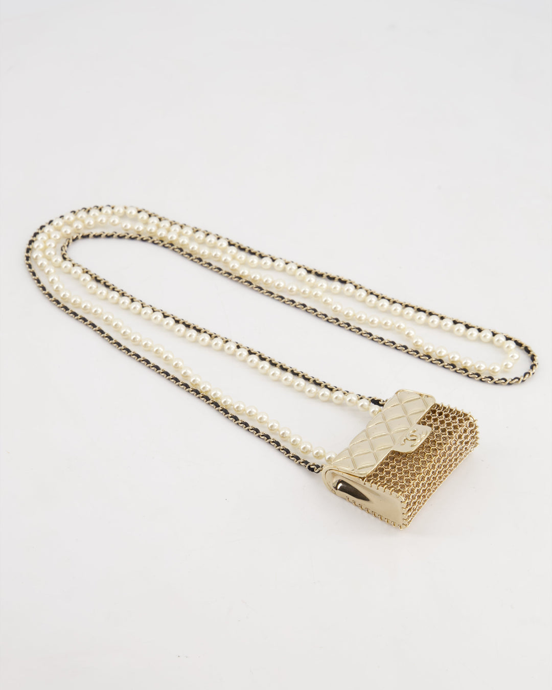 *RARE* Top Quality Chanel 21S Champagne Gold Bag Charm Necklace with White Pearls & Black Leather Chain Detail
