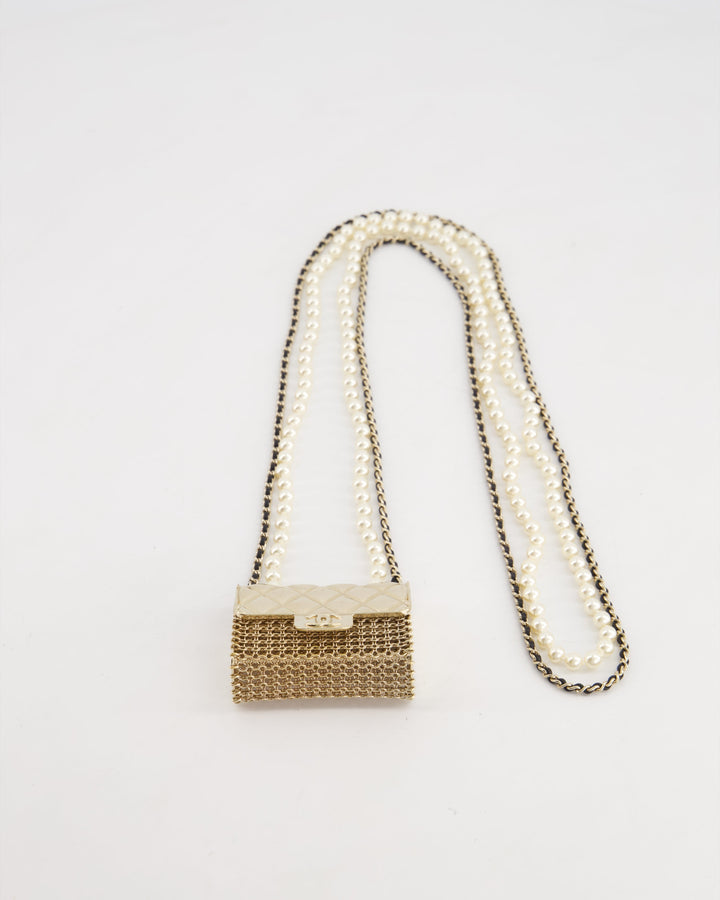 *RARE* Top Quality Chanel 21S Champagne Gold Bag Charm Necklace with White Pearls & Black Leather Chain Detail