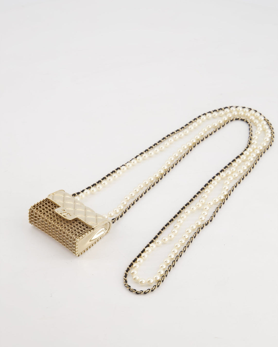 *RARE* Top Quality Chanel 21S Champagne Gold Bag Charm Necklace with White Pearls & Black Leather Chain Detail