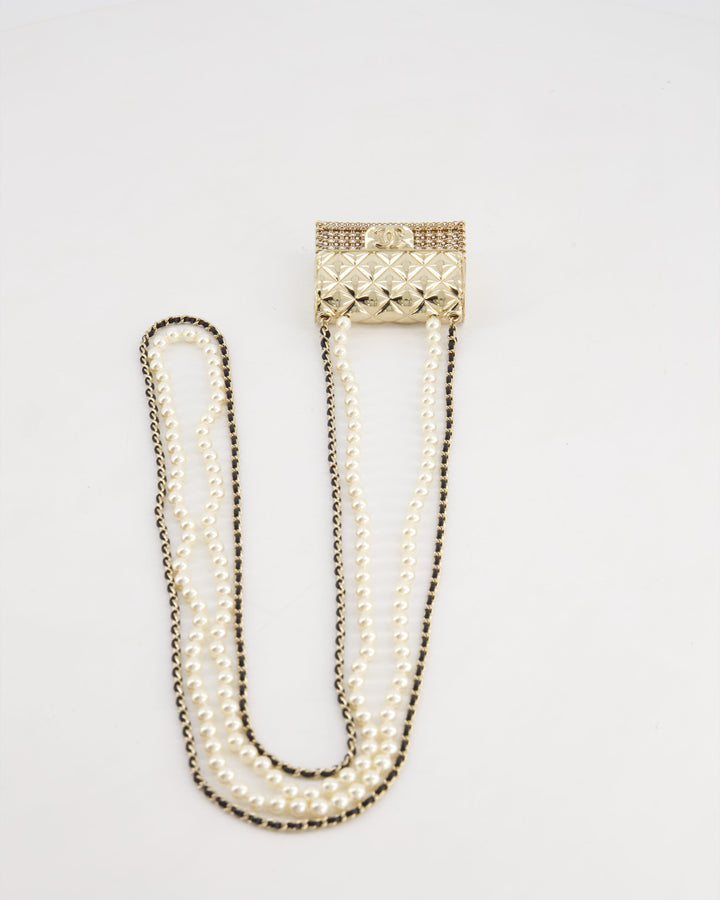 *RARE* Top Quality Chanel 21S Champagne Gold Bag Charm Necklace with White Pearls & Black Leather Chain Detail