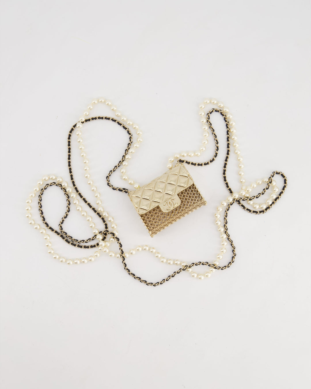 *RARE* Top Quality Chanel 21S Champagne Gold Bag Charm Necklace with White Pearls & Black Leather Chain Detail