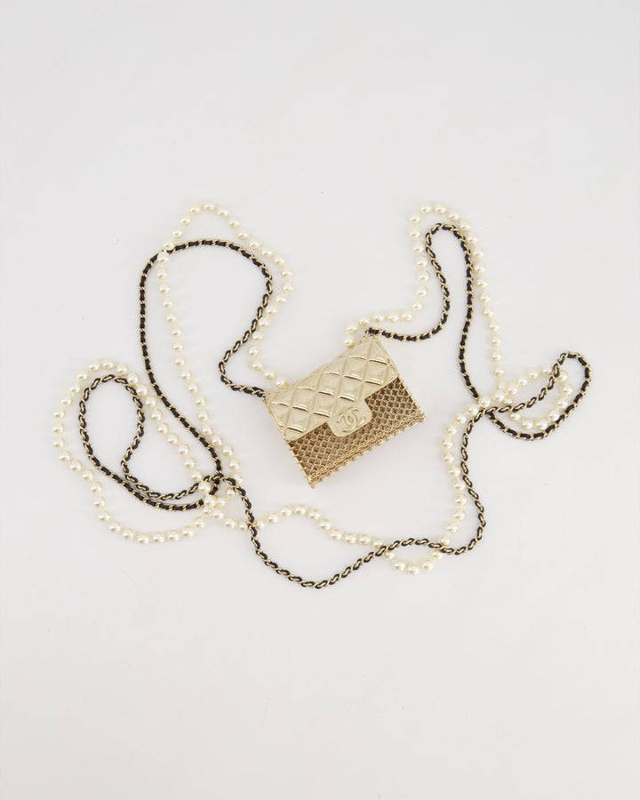 *RARE* Top Quality Chanel 21S Champagne Gold Bag Charm Necklace with White Pearls & Black Leather Chain Detail