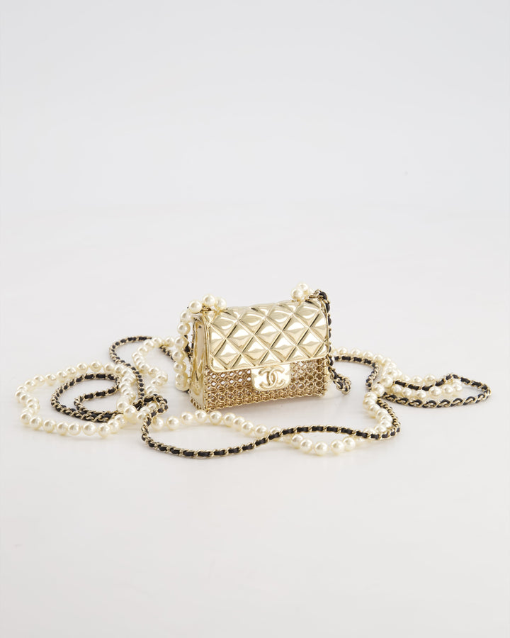 *RARE* Top Quality Chanel 21S Champagne Gold Bag Charm Necklace with White Pearls & Black Leather Chain Detail