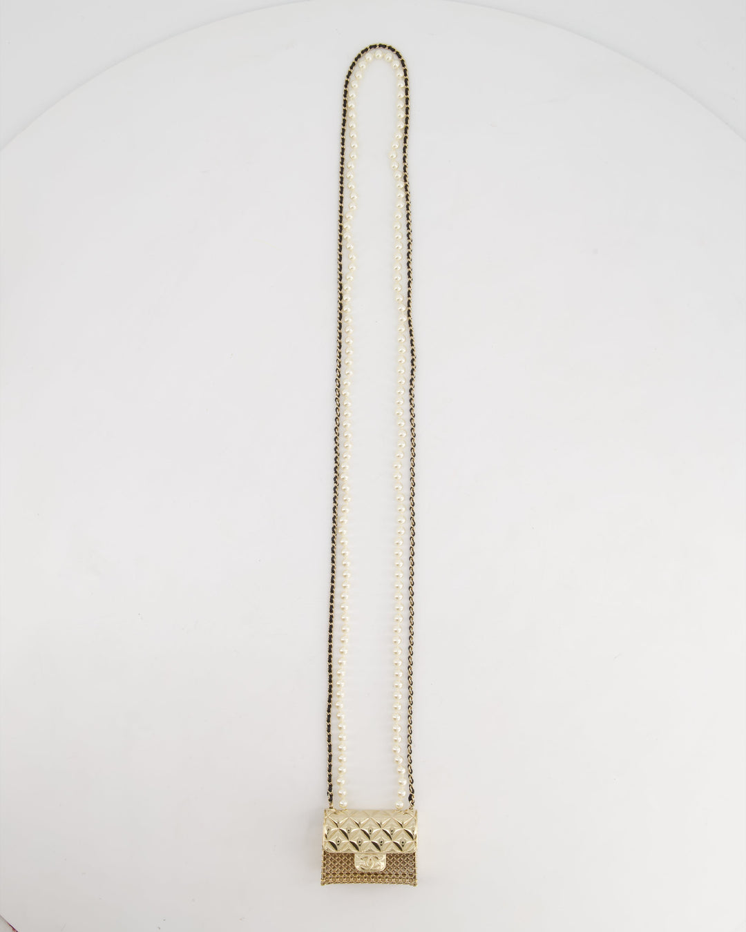 *RARE* Top Quality Chanel 21S Champagne Gold Bag Charm Necklace with White Pearls & Black Leather Chain Detail