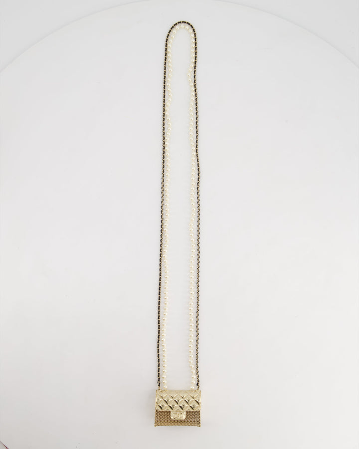 *RARE* Top Quality Chanel 21S Champagne Gold Bag Charm Necklace with White Pearls & Black Leather Chain Detail