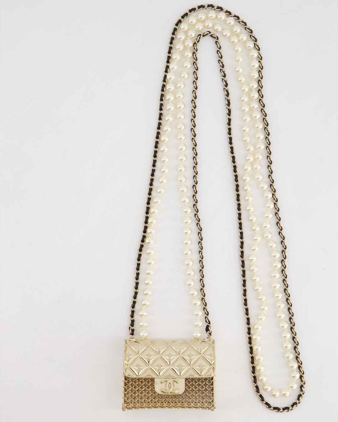 *RARE* Top Quality Chanel 21S Champagne Gold Bag Charm Necklace with White Pearls & Black Leather Chain Detail