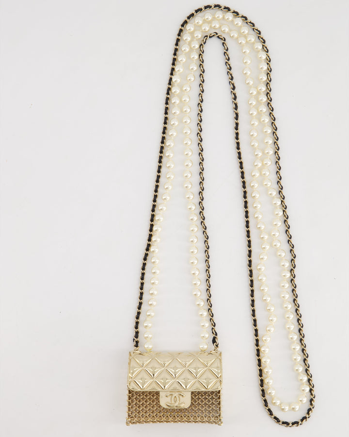*RARE* Top Quality Chanel 21S Champagne Gold Bag Charm Necklace with White Pearls & Black Leather Chain Detail