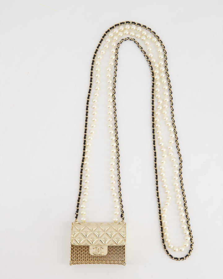 *RARE* Top Quality Chanel 21S Champagne Gold Bag Charm Necklace with White Pearls & Black Leather Chain Detail