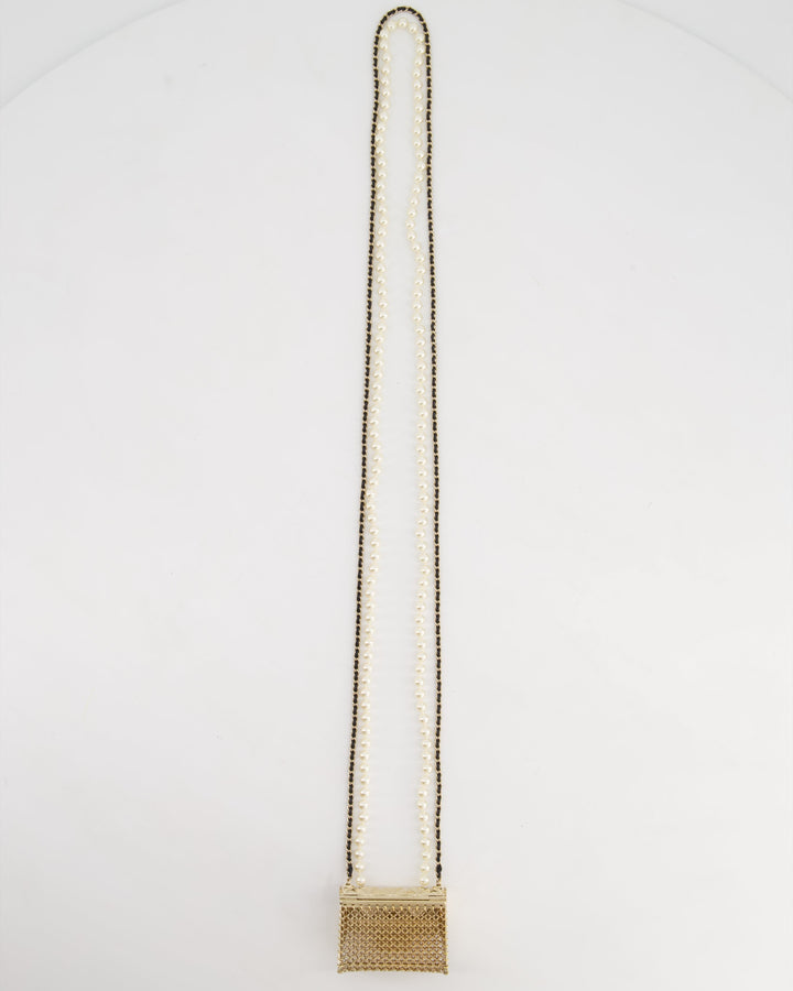*RARE* Top Quality Chanel 21S Champagne Gold Bag Charm Necklace with White Pearls & Black Leather Chain Detail