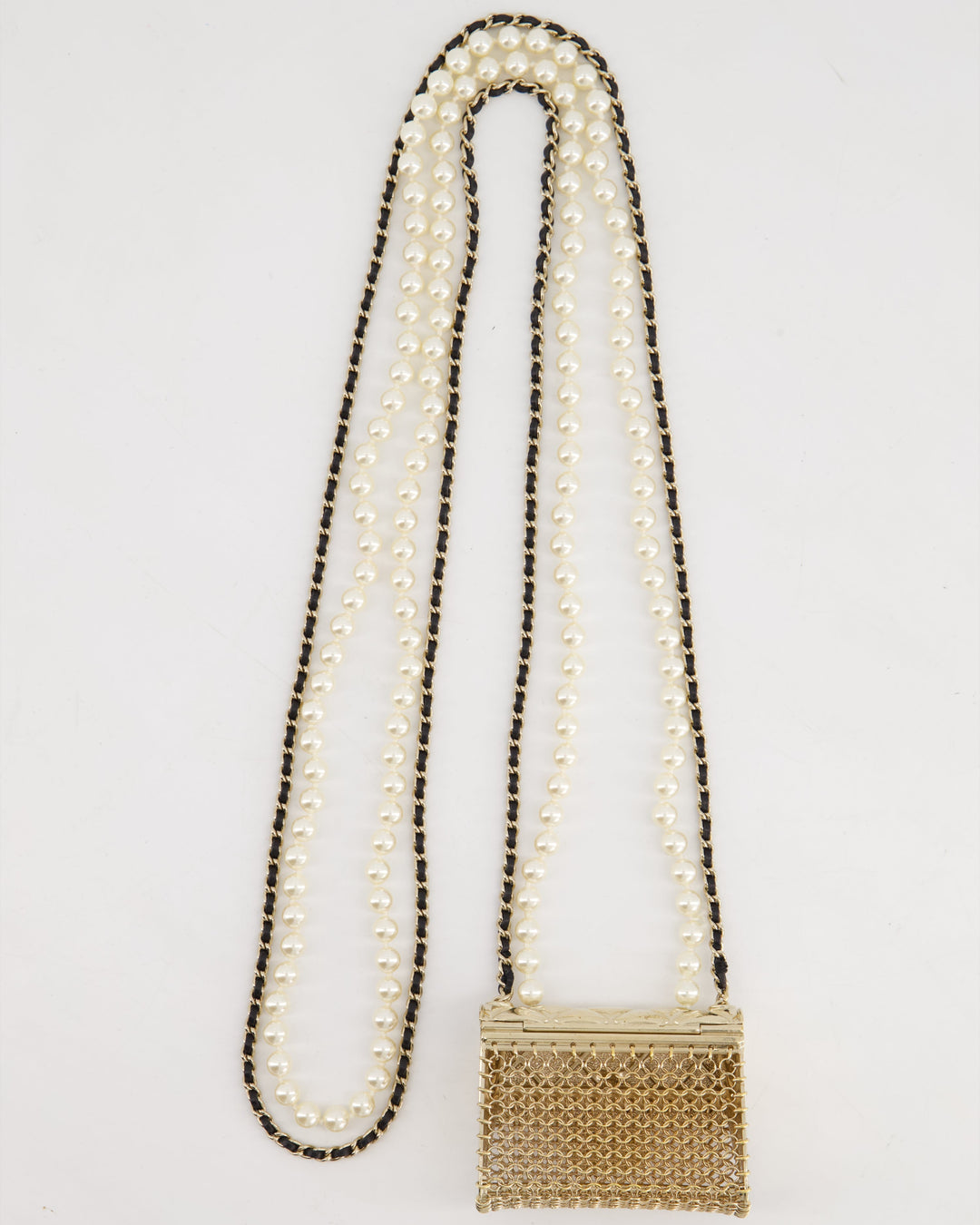 *RARE* Top Quality Chanel 21S Champagne Gold Bag Charm Necklace with White Pearls & Black Leather Chain Detail