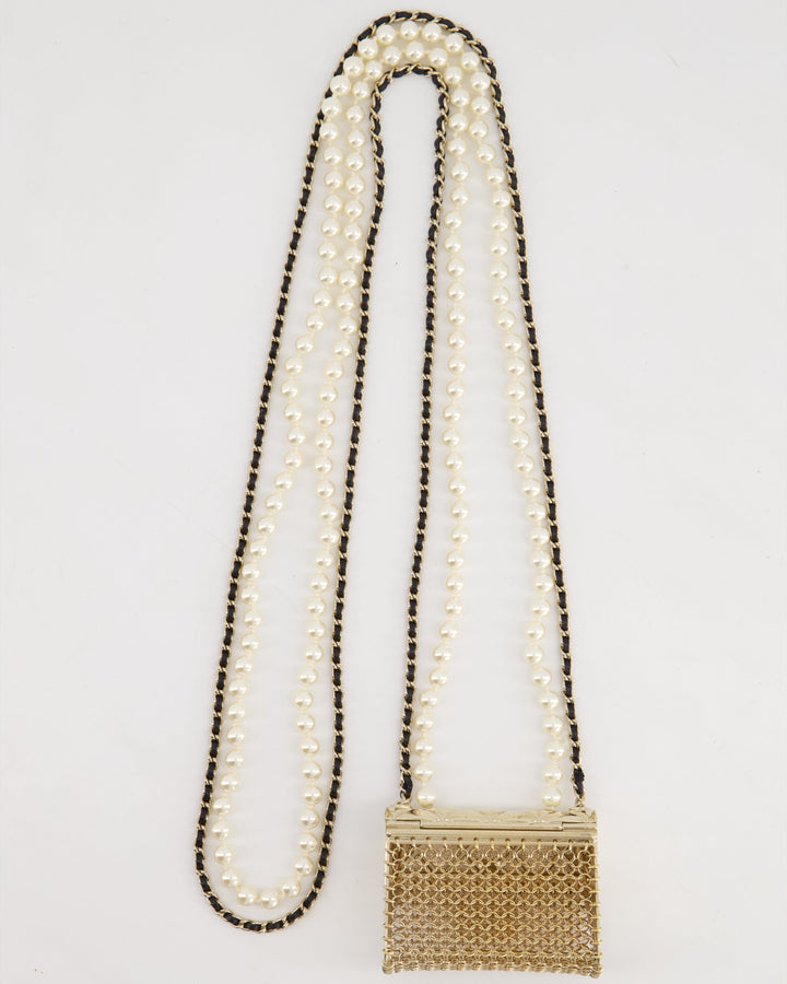 *RARE* Top Quality Chanel 21S Champagne Gold Bag Charm Necklace with White Pearls & Black Leather Chain Detail