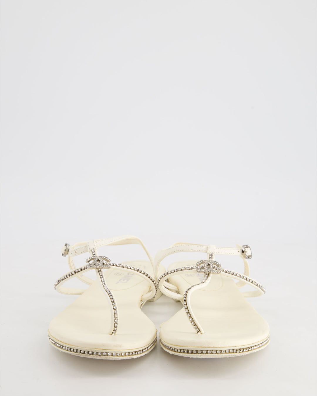 Top Quality Chanel White Leather Flat Sandals with Crystal Trim and CC Logo Size EU 40