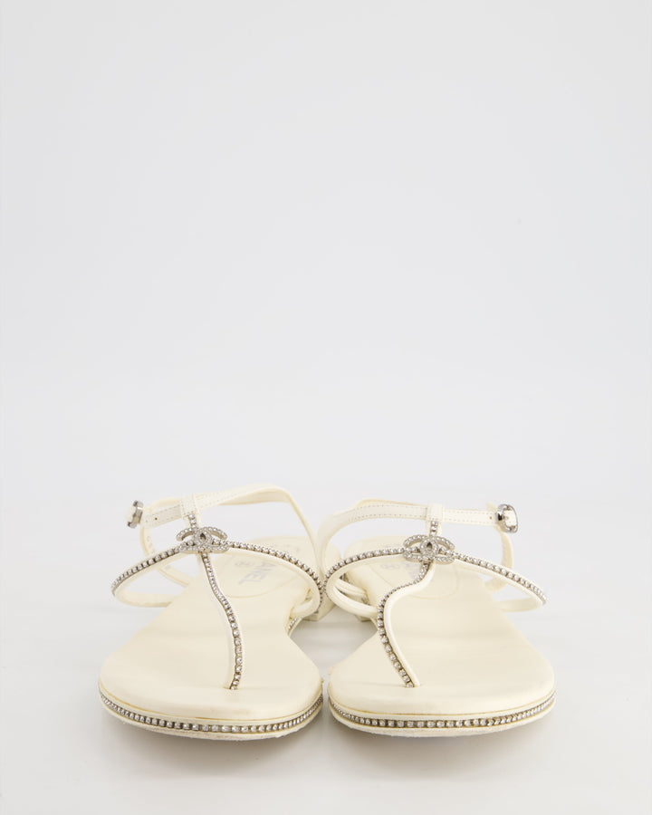 Top Quality Chanel White Leather Flat Sandals with Crystal Trim and CC Logo Size EU 40