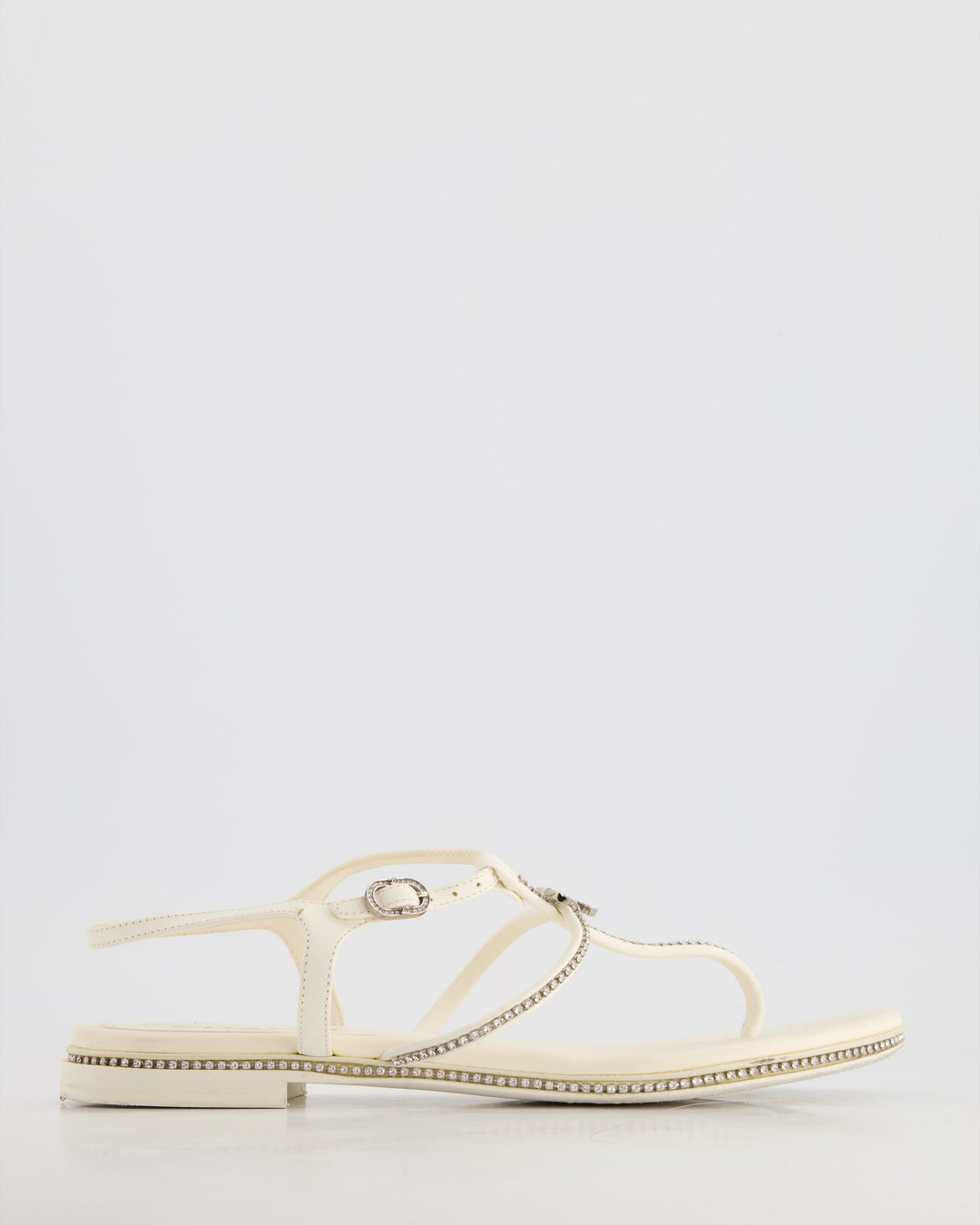 Top Quality Chanel White Leather Flat Sandals with Crystal Trim and CC Logo Size EU 40