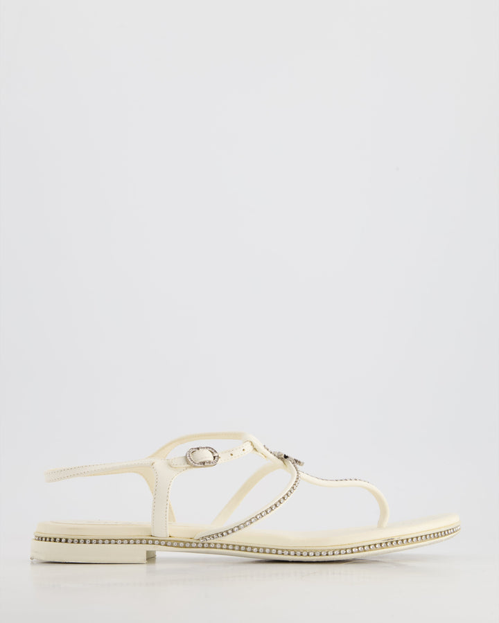 Top Quality Chanel White Leather Flat Sandals with Crystal Trim and CC Logo Size EU 40