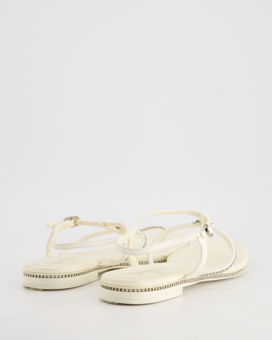 Top Quality Chanel White Leather Flat Sandals with Crystal Trim and CC Logo Size EU 40