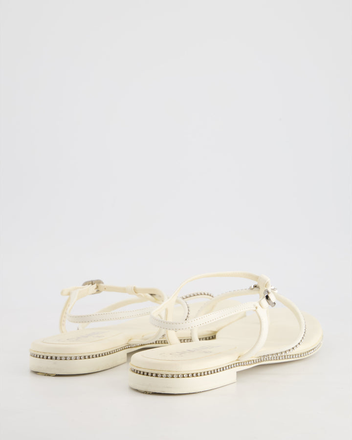 Top Quality Chanel White Leather Flat Sandals with Crystal Trim and CC Logo Size EU 40