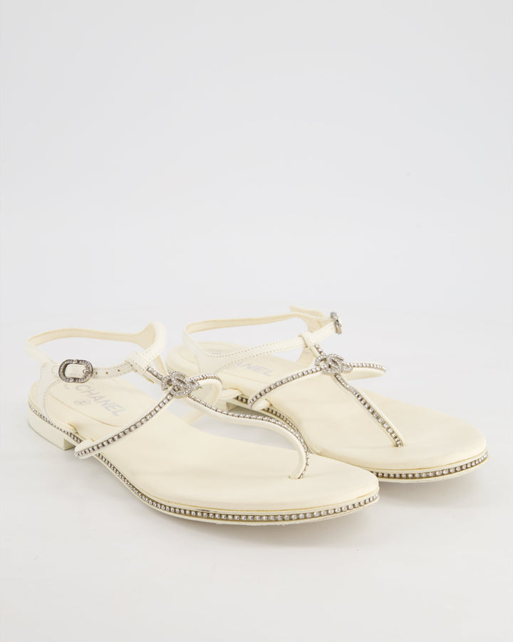 Top Quality Chanel White Leather Flat Sandals with Crystal Trim and CC Logo Size EU 40