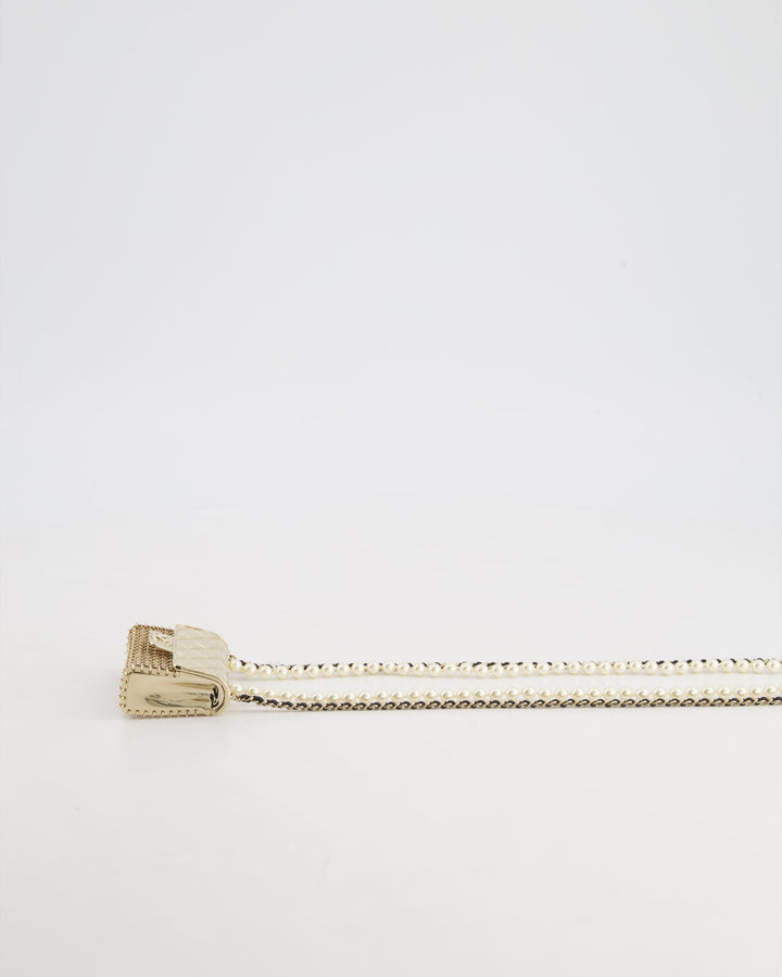 *RARE* Top Quality Chanel 21S Champagne Gold Bag Charm Necklace with White Pearls & Black Leather Chain Detail