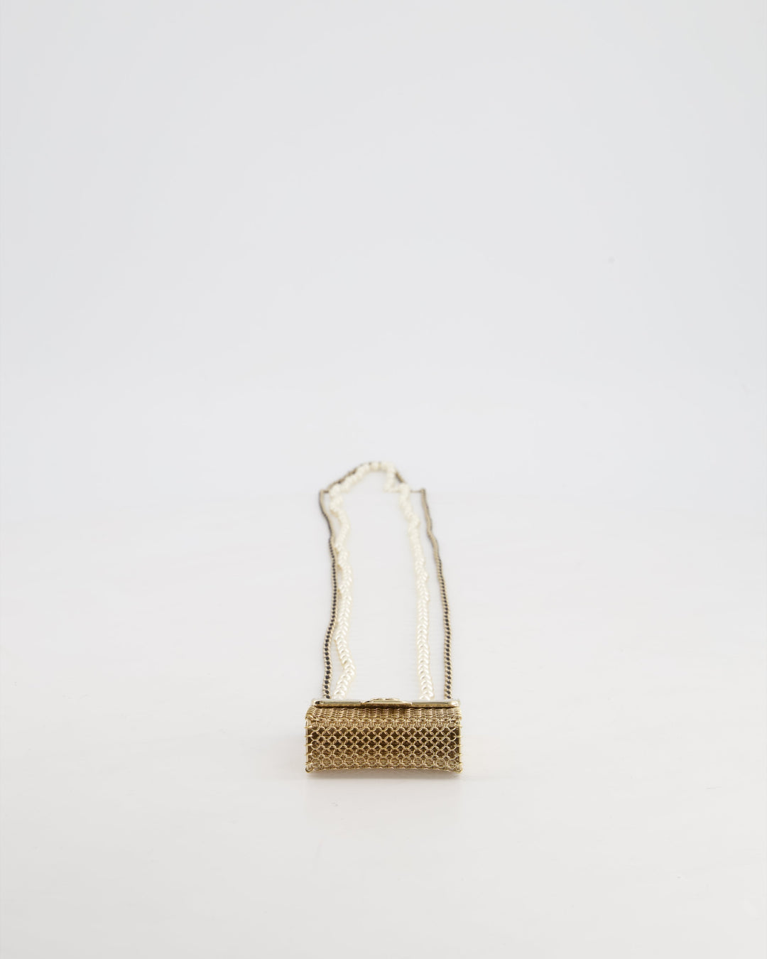 *RARE* Chanel 21S Champagne Gold Bag Charm Necklace with White Pearls & Black Leather Chain Detail