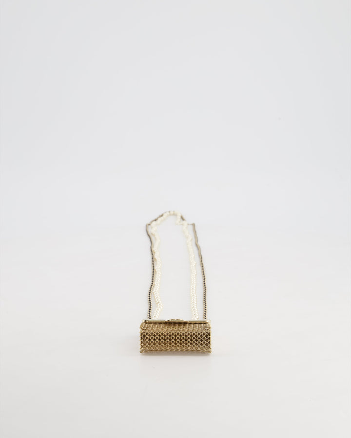*RARE* Chanel 21S Champagne Gold Bag Charm Necklace with White Pearls & Black Leather Chain Detail