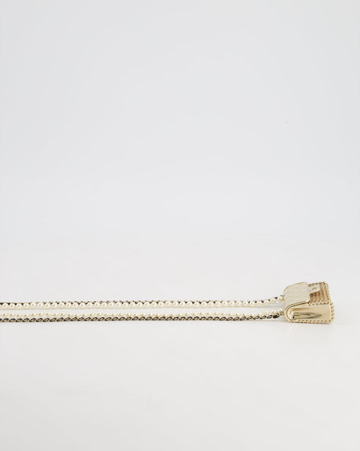 *RARE* Top Quality Chanel 21S Champagne Gold Bag Charm Necklace with White Pearls & Black Leather Chain Detail