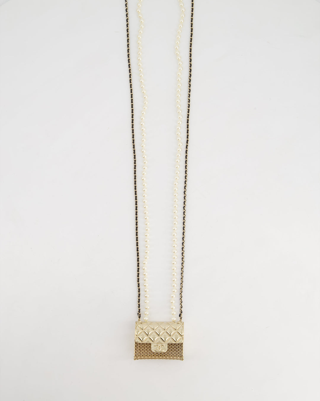 *RARE* Top Quality Chanel 21S Champagne Gold Bag Charm Necklace with White Pearls & Black Leather Chain Detail