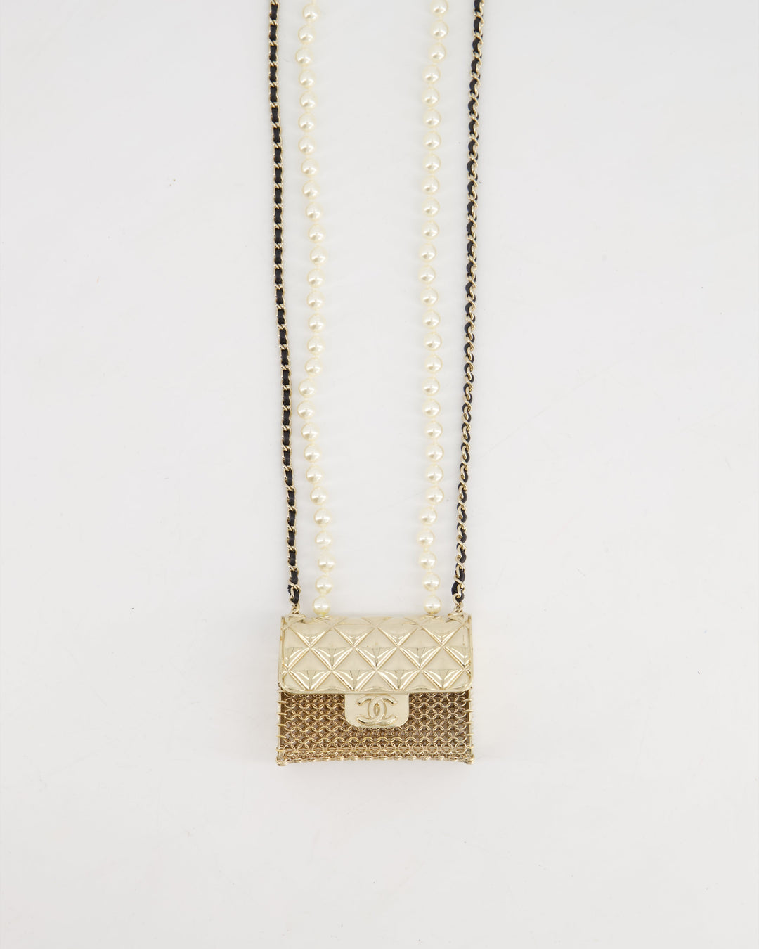 *RARE* Top Quality Chanel 21S Champagne Gold Bag Charm Necklace with White Pearls & Black Leather Chain Detail