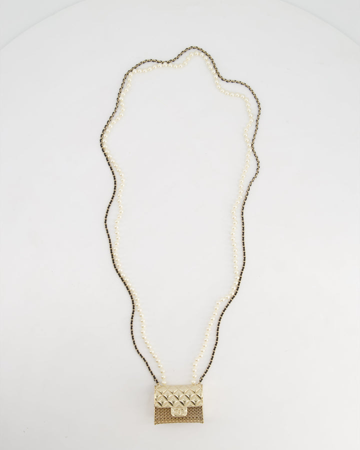 *RARE* Chanel 21S Champagne Gold Bag Charm Necklace with White Pearls & Black Leather Chain Detail