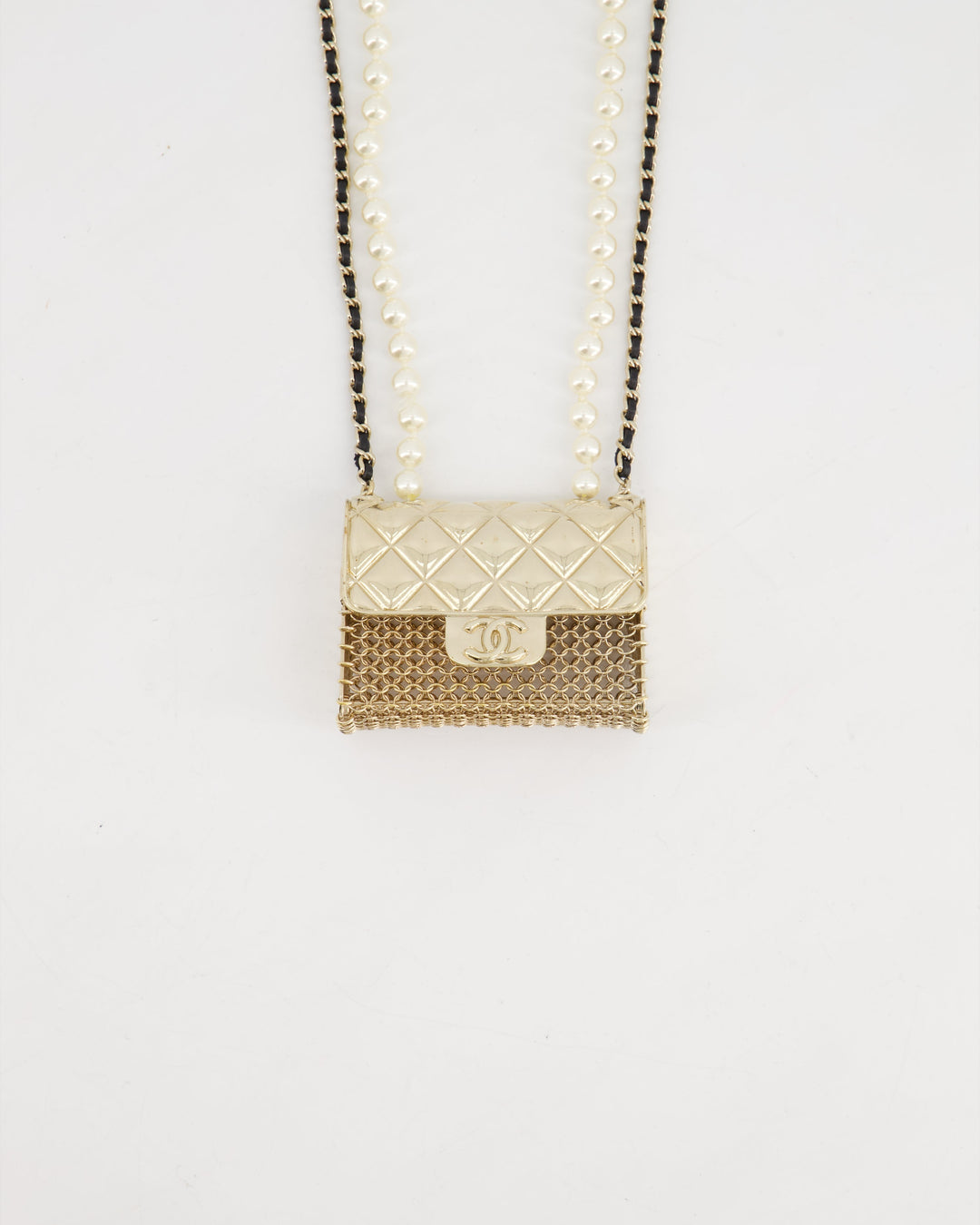 *RARE* Top Quality Chanel 21S Champagne Gold Bag Charm Necklace with White Pearls & Black Leather Chain Detail