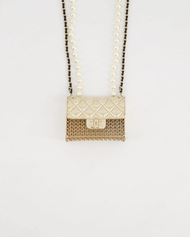 *RARE* Top Quality Chanel 21S Champagne Gold Bag Charm Necklace with White Pearls & Black Leather Chain Detail