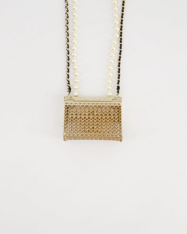 *RARE* Chanel 21S Champagne Gold Bag Charm Necklace with White Pearls & Black Leather Chain Detail