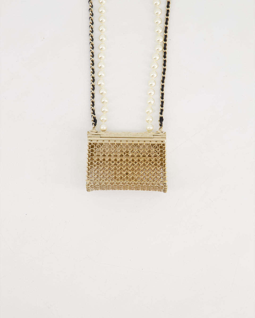 *RARE* Chanel 21S Champagne Gold Bag Charm Necklace with White Pearls & Black Leather Chain Detail