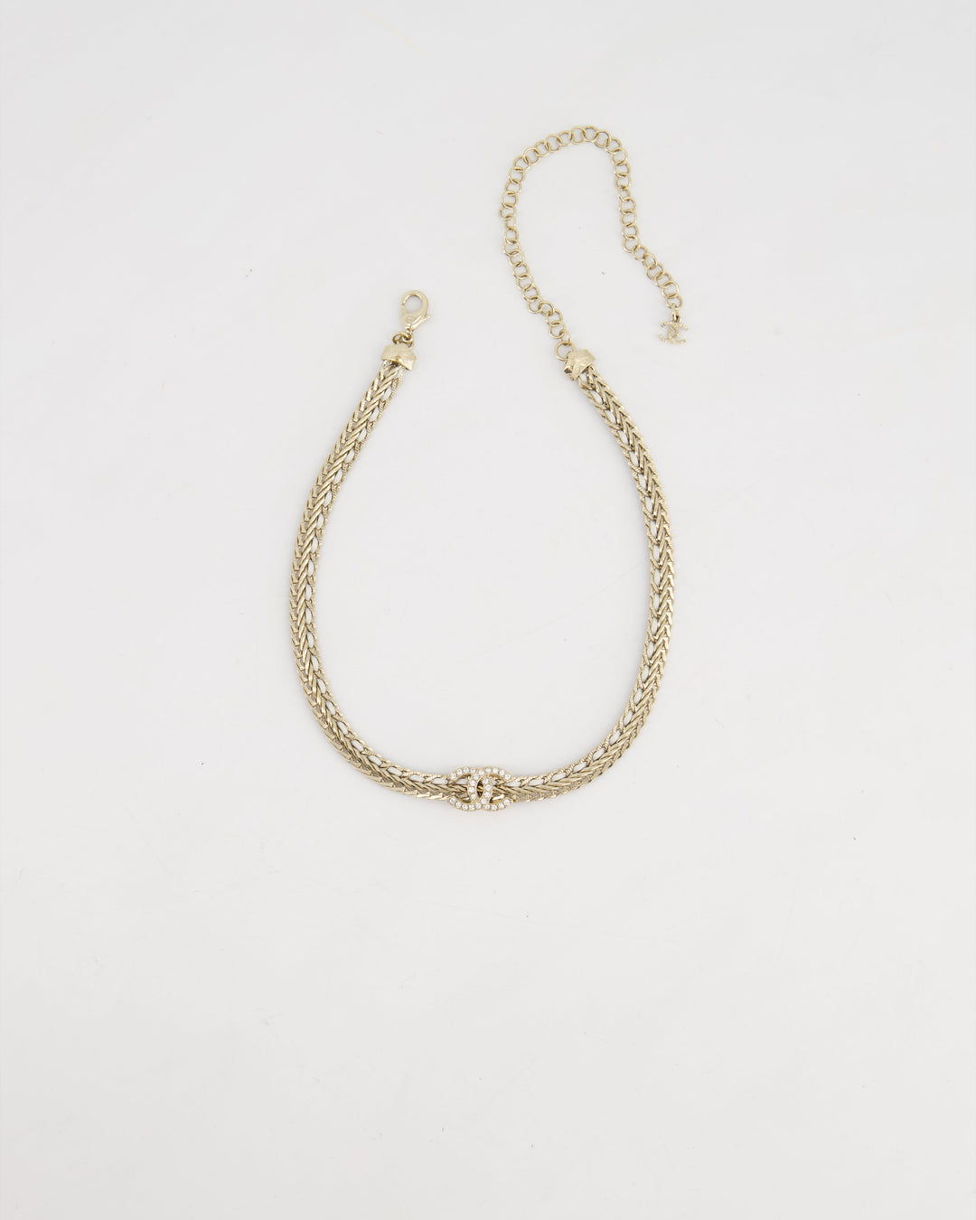 *HOT* Top Quality Chanel Chain Choker Necklace in Champagne Gold with Crystal CC Logo