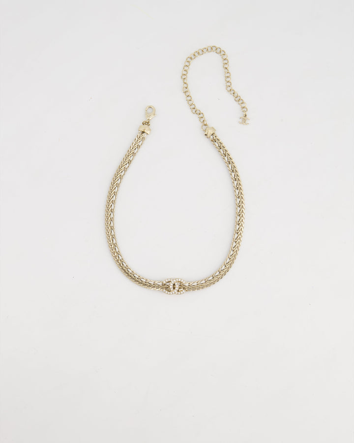 *HOT* Top Quality Chanel Chain Choker Necklace in Champagne Gold with Crystal CC Logo