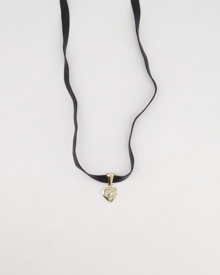 Top Quality Chanel Black Leather Necklace with Champagne Gold CC Heart Pendant